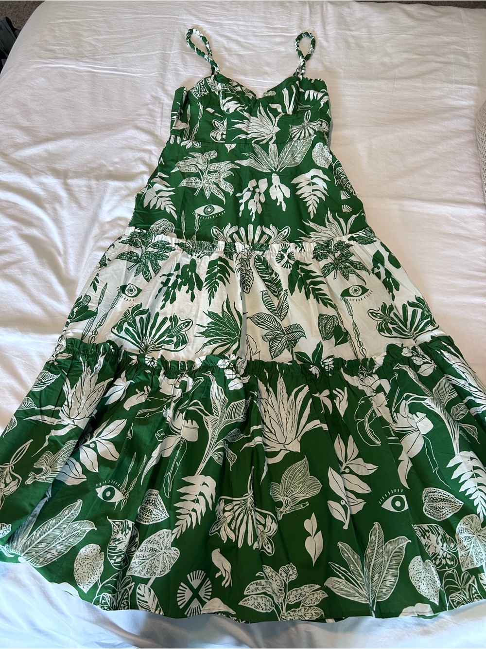 FARM Rio Green and White Botanical Tiered Sundress